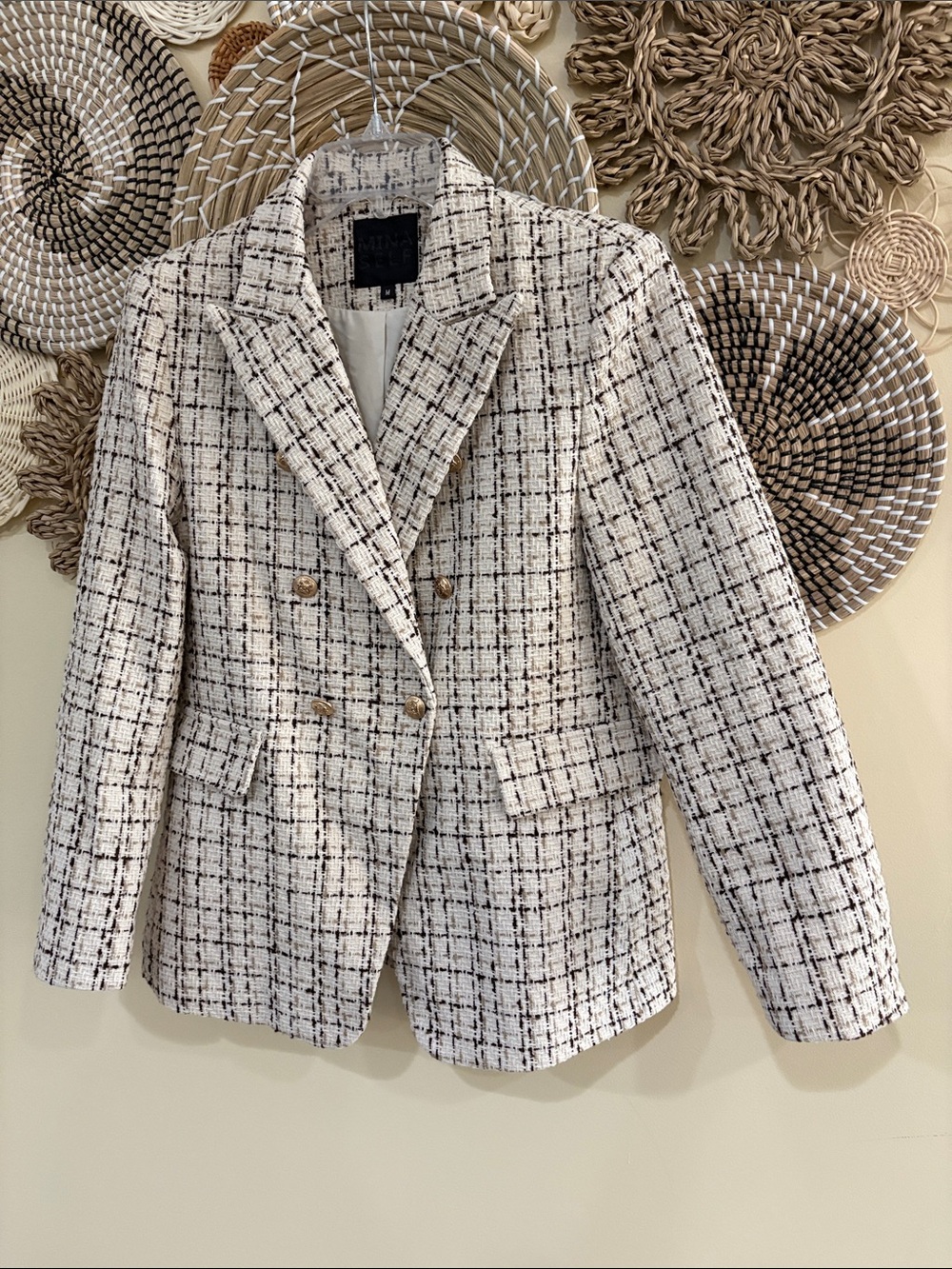 Mina Self Plaid Beige, brown, tan Tweed Blazer medium.